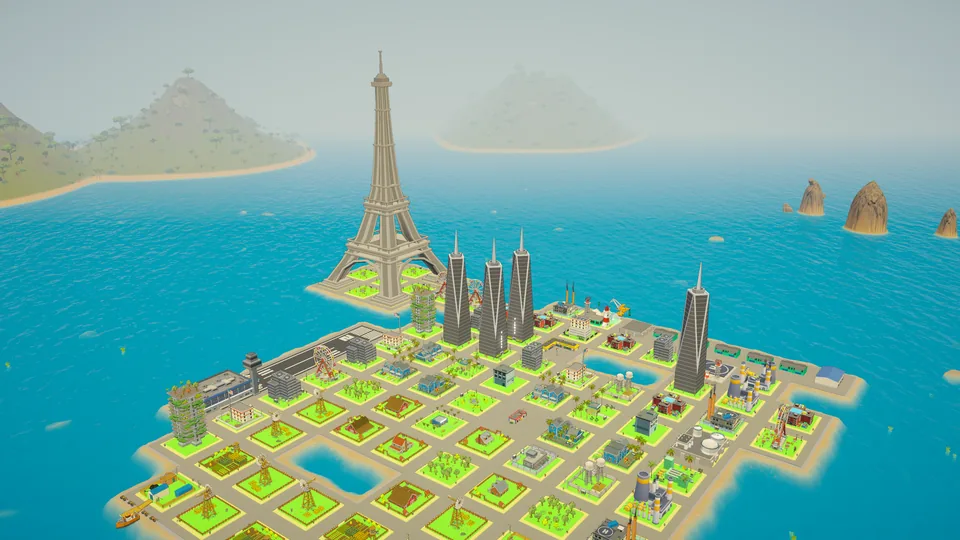 An island city with skyscrapers and an Eiffel Tower landmark, on an open sea with islands