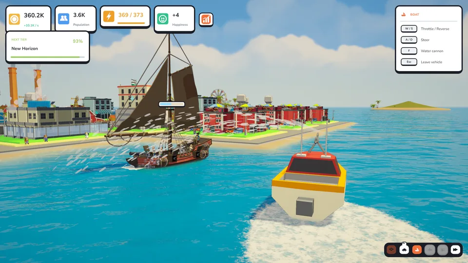 The player's fireboat chasing a wooden pirate ship off the coast