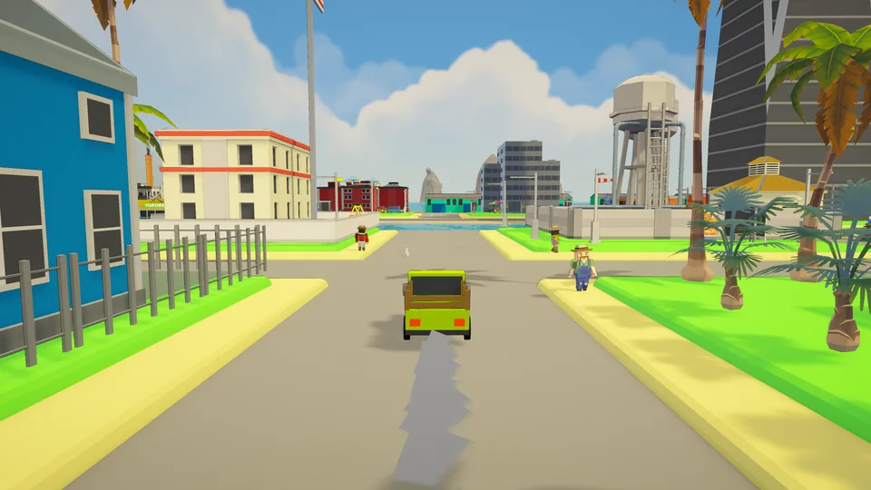 Driving a yellow car down a palm-lined street